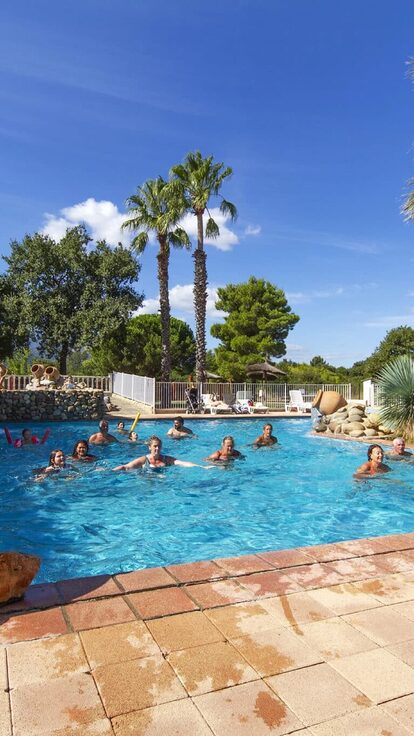 Animateur dirige un cours aquatique convivial au camping Arlequin Vacances, piscine entourée de palmiers.
